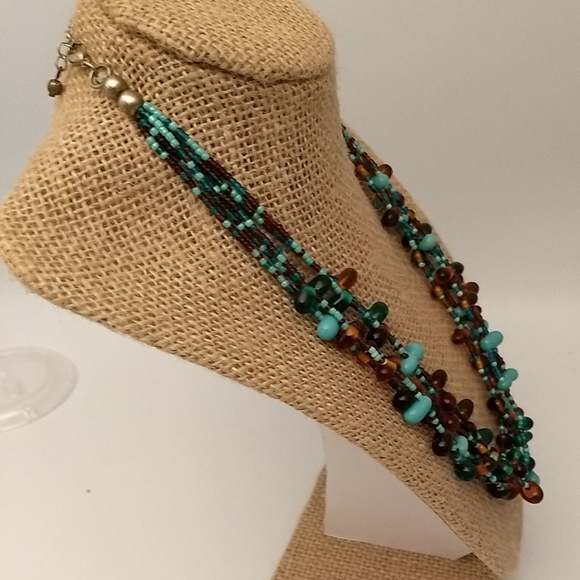 Artisan Multi Tiered VTG Colorful Teal & Amber Glass Bead Necklace & Earring Set - Picture 5 of 10